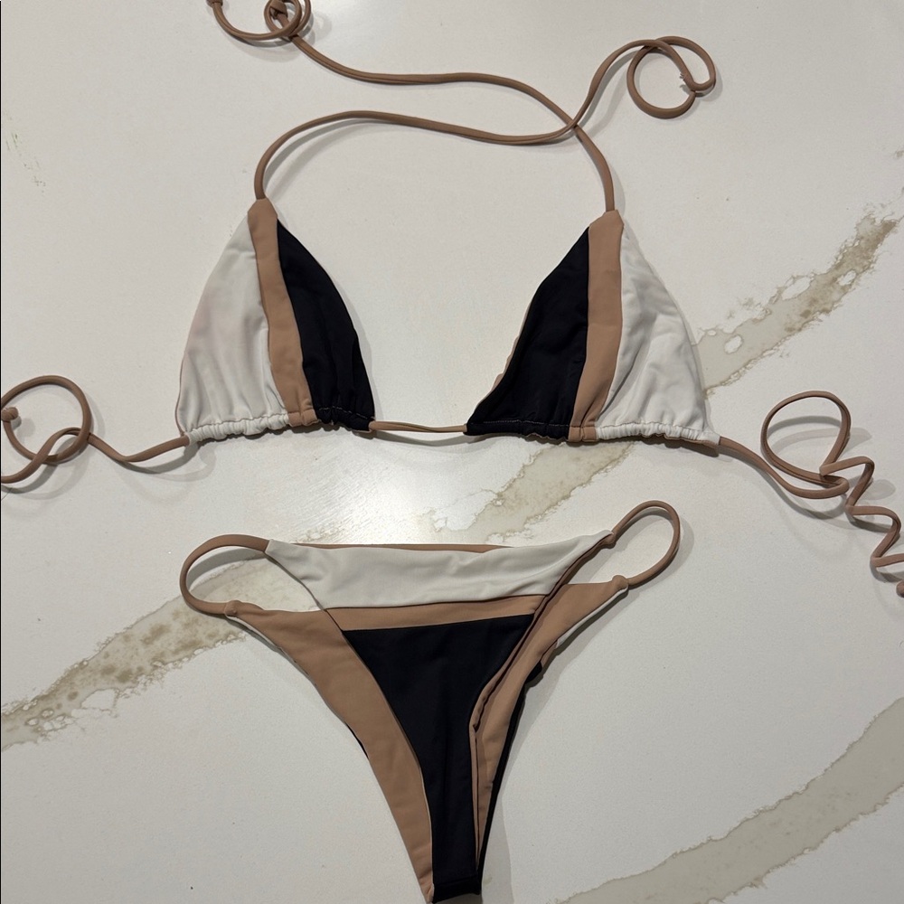 Colorblock Bikini Set - Black, White, Tan